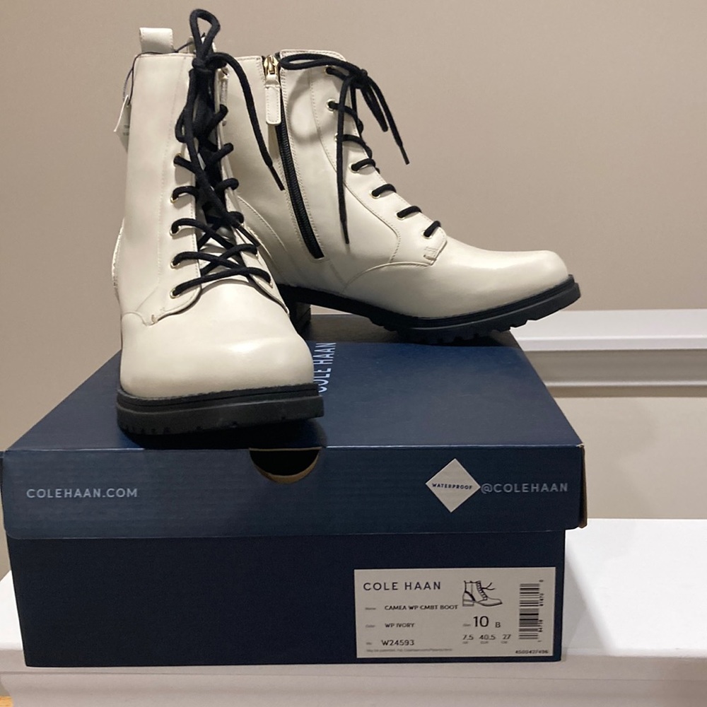 Cole Haan 10B Ivory white Camea Waterproof Combat Boots